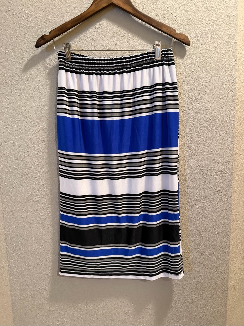 Blue, Black & White Striped Midi Skirt - Women